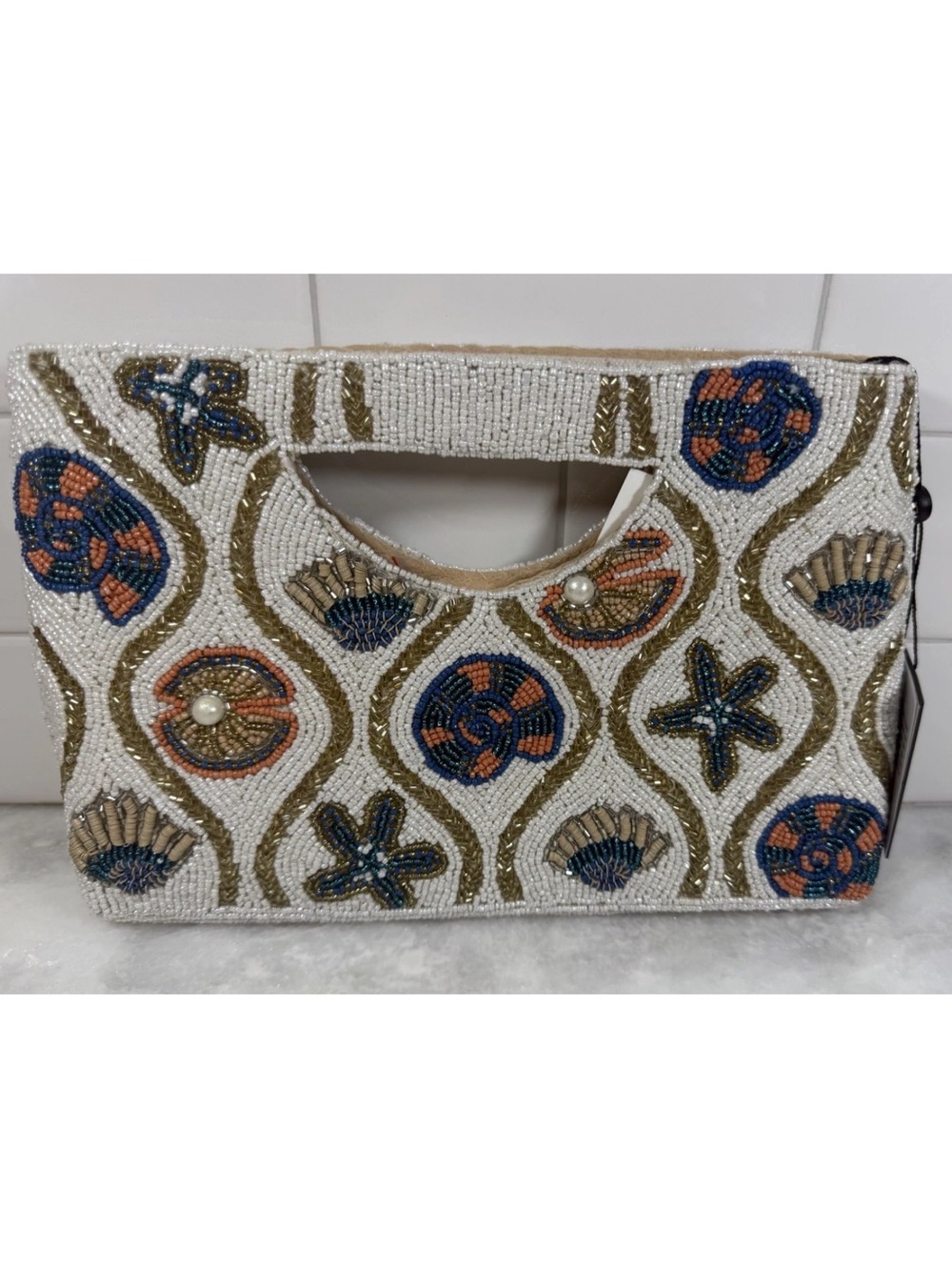 America And Beyond Beaded Gold Blue Seashell Starfish Clutch W/Removable Strap